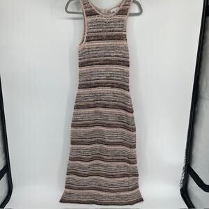 Crochet Striped Midi Dress 100% Cotton Brown Beige Knit Women L Beach Sleeveless